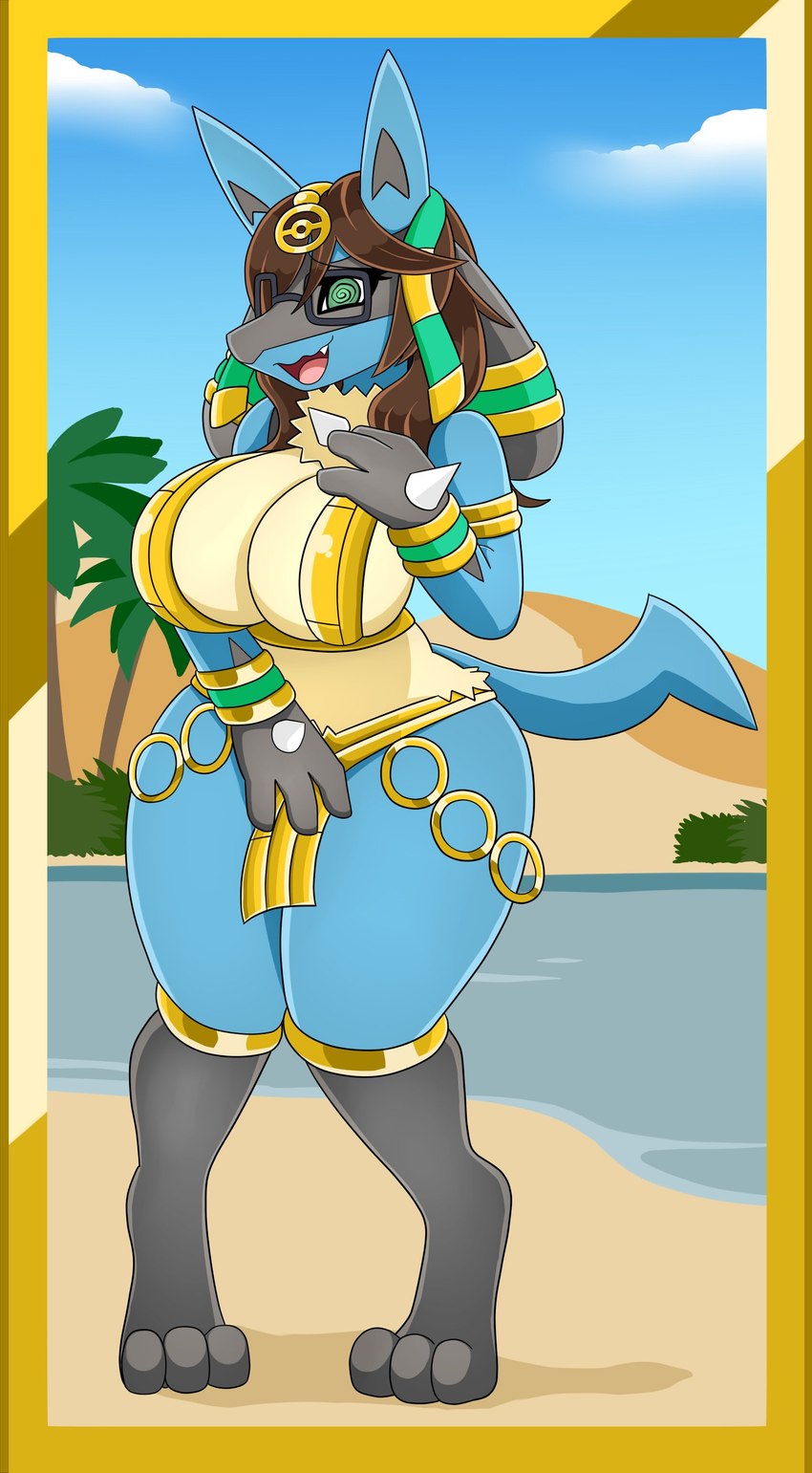 anthro big_breasts blue_body breasts brown_hair clothed clothing eyewear female glasses green_eyes hair holowear_(pokemon) lake partially_clothed sand solo spikes spikes_(anatomy) tail urusee584 nintendo pokemon pokemon_unite ruins_style_lucario generation_4_pokemon lucario pokemon_(species) absurd_res hi_res