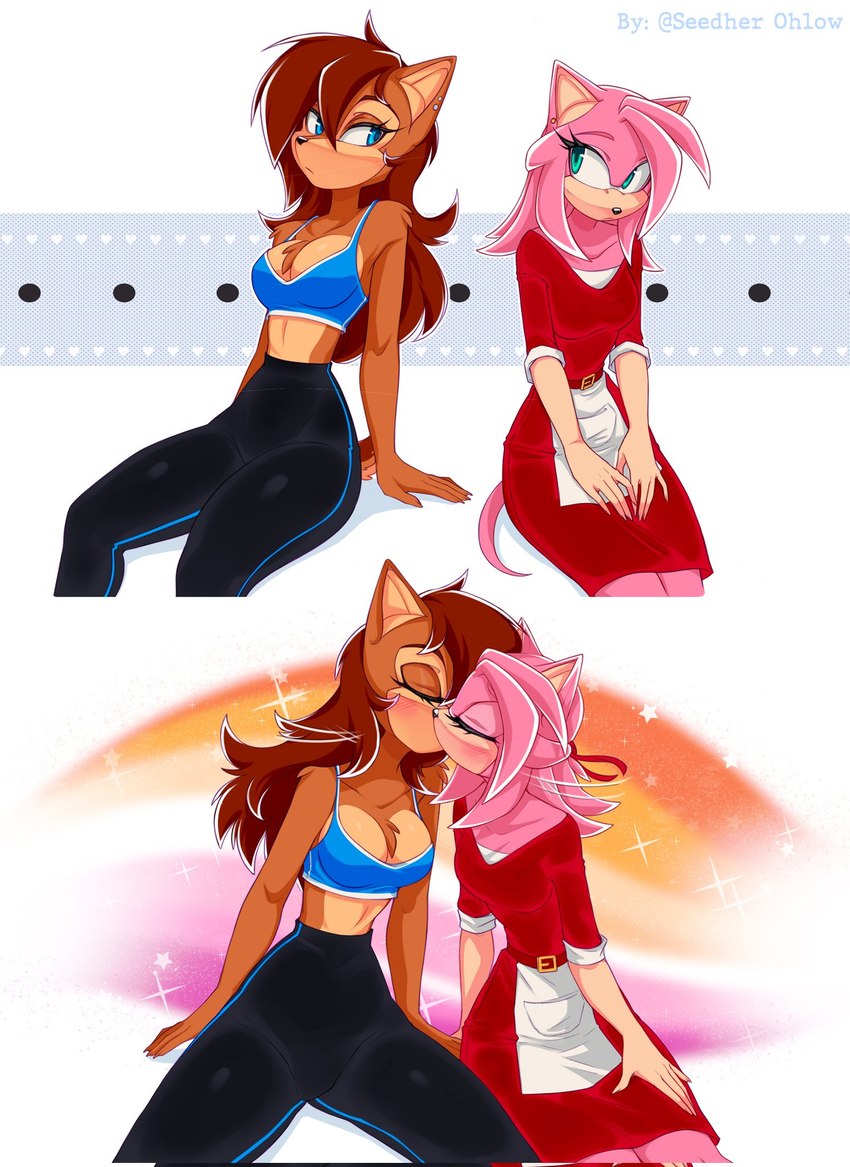 alternate_universe anthro apron belt blue_eyes blush bottomwear breasts brown_body brown_fur brown_hair clothing crop_top dress duo ear_piercing female female/female fur green_eyes hair kissing lesbian_pride_colors lgbt_pride long_hair orange_lesbian_pride_colors pants piercing pink_body pink_fur pride_color_background pride_colors shirt simple_background sitting sparkles thick_thighs topwear wide_hips yoga_pants seedher_ohlow archie_comics sega sonic_the_hedgehog_(archie) sonic_the_hedgehog_(comics) sonic_the_hedgehog_(series) amy_rose sally_acorn chipmunk eulipotyphlan ground_squirrel hedgehog mammal rodent sciurid tree_squirrel hi_res