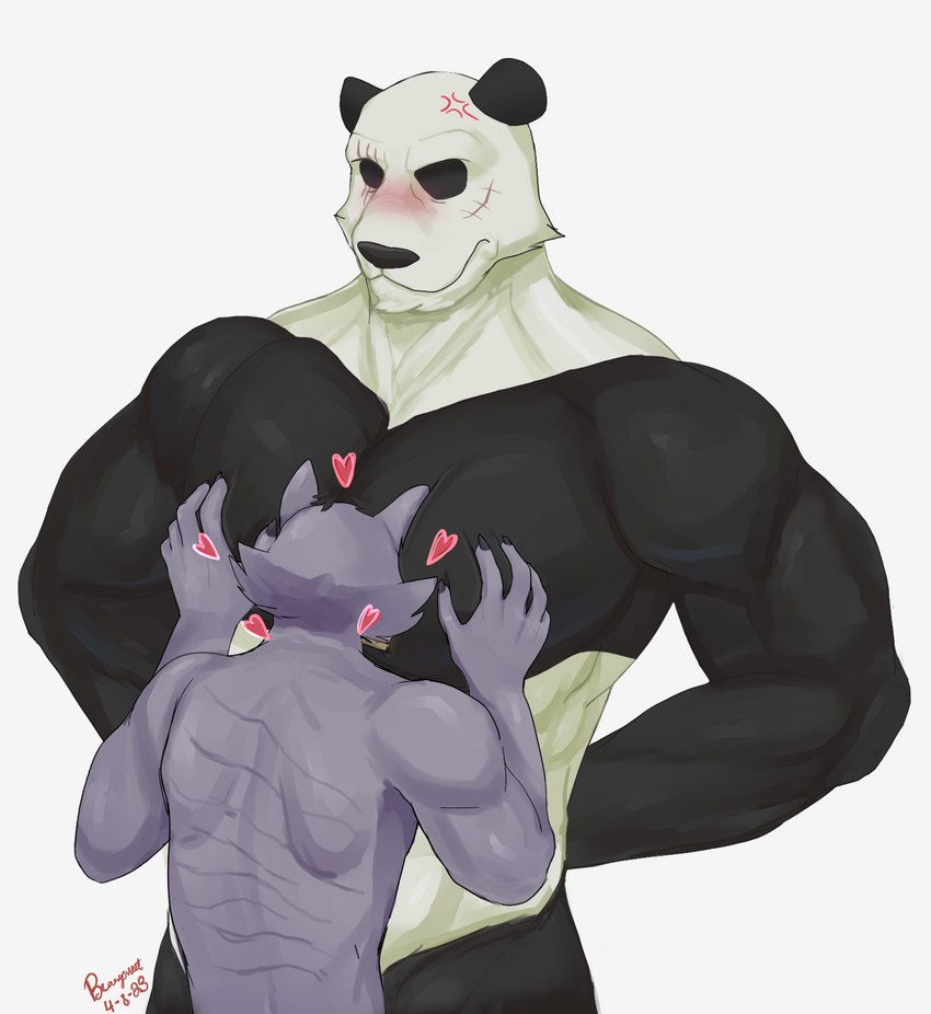 anthro barazoku big_pecs black_body black_fur blush chest_grab cross-popping_vein duo face_in_chest fur grey_body grey_fur hand_on_chest hands_behind_back heart_symbol interspecies looking_at_another looking_at_partner looking_down male male/male multicolored_body multicolored_fur muscular muscular_anthro muscular_male nude pec_grab pec_smothering pecs rear_view scar simple_background size_difference tsundere white_background white_body white_fur cupcake2007 beastars gouhin_(beastars) legoshi_(beastars) bear canid canine canis giant_panda humanoid mammal wolf hi_res