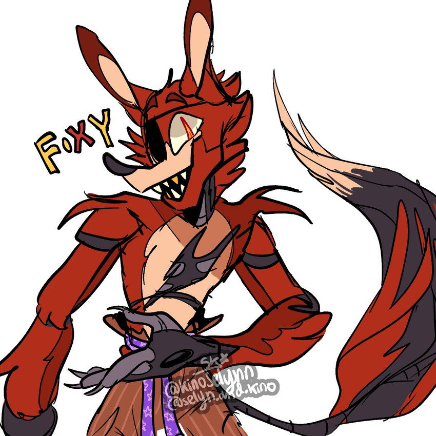 4_fingers anthro arm_tuft bottomwear claws clothing eye_patch eyebrows eyewear fingers fur head_tuft long_tail machine male pirate pupils red_body red_fur sharp_teeth shorts shoulder_tuft slit_pupils smile tail teeth text tuft kinoselynn five_nights_at_freddy's scottgames foxy_(fnaf) animatronic canid canine fox mammal robot 1:1 2020 english_text hi_res