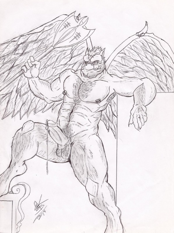 anthro armpit_hair bodily_fluids body_hair chest_hair dripping erection feathered_wings feathers genital_fluids genitals hairy holding_object male muscular muscular_anthro muscular_male penis precum raised_leg simple_background solo spread_legs spreading white_background wings vanshart gargoyle black_and_white hi_res monochrome sketch traditional_media_(artwork)