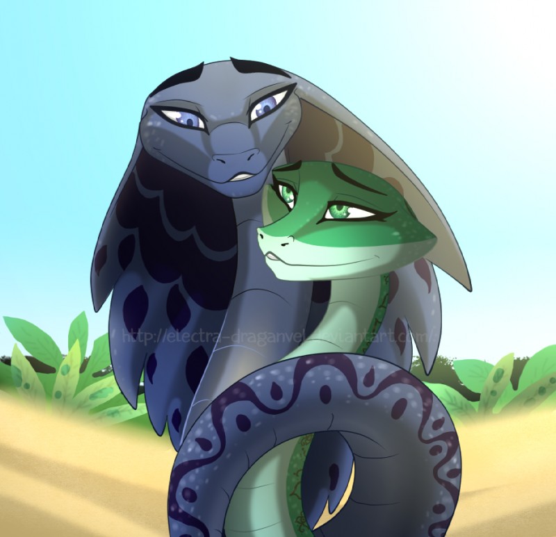 blue_eyes desert detailed_background duo female feral green_eyes male male/female outside plant sand snake_hood electra-draganvel sahara_(movie) ajar_(sahara) eva_(sahara) cobra reptile scalie snake 2017