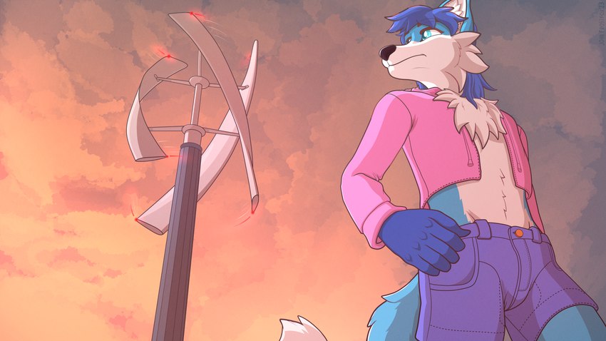 anthro blue_body blue_fur bottomwear chest_fur clothing fur hair hoodie looking_away male outside shorts sky skyscape solo topwear white_body white_fur wind_turbine jf-049 john_frostfox canid canine fox mammal 16:9 4k absurd_res hi_res widescreen