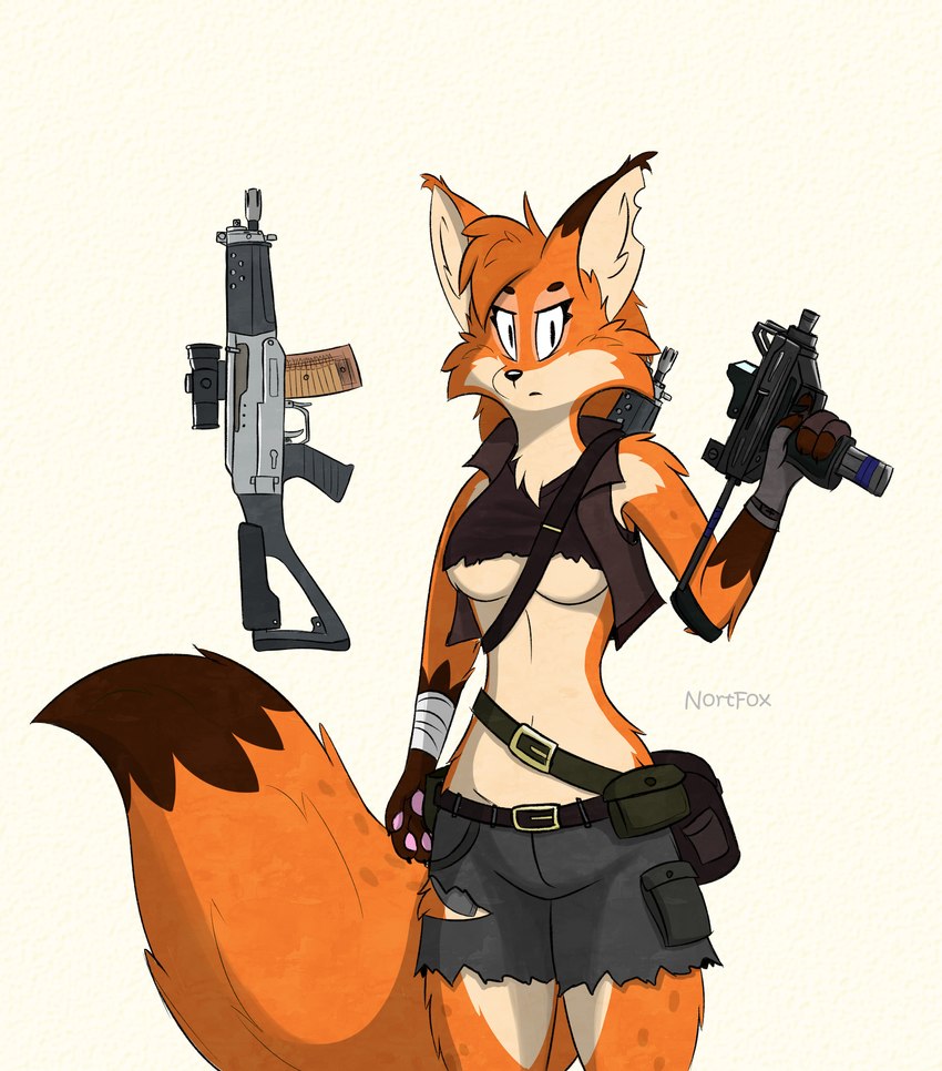 anthro black_clothing bottomwear breasts clothing crop_top female fur galil gun orange_body orange_fur post-apocalyptic ranged_weapon shirt shorts solo submachine_gun topwear torn_clothing under_boob uzi weapon nortfox canid canine fox mammal absurd_res hi_res