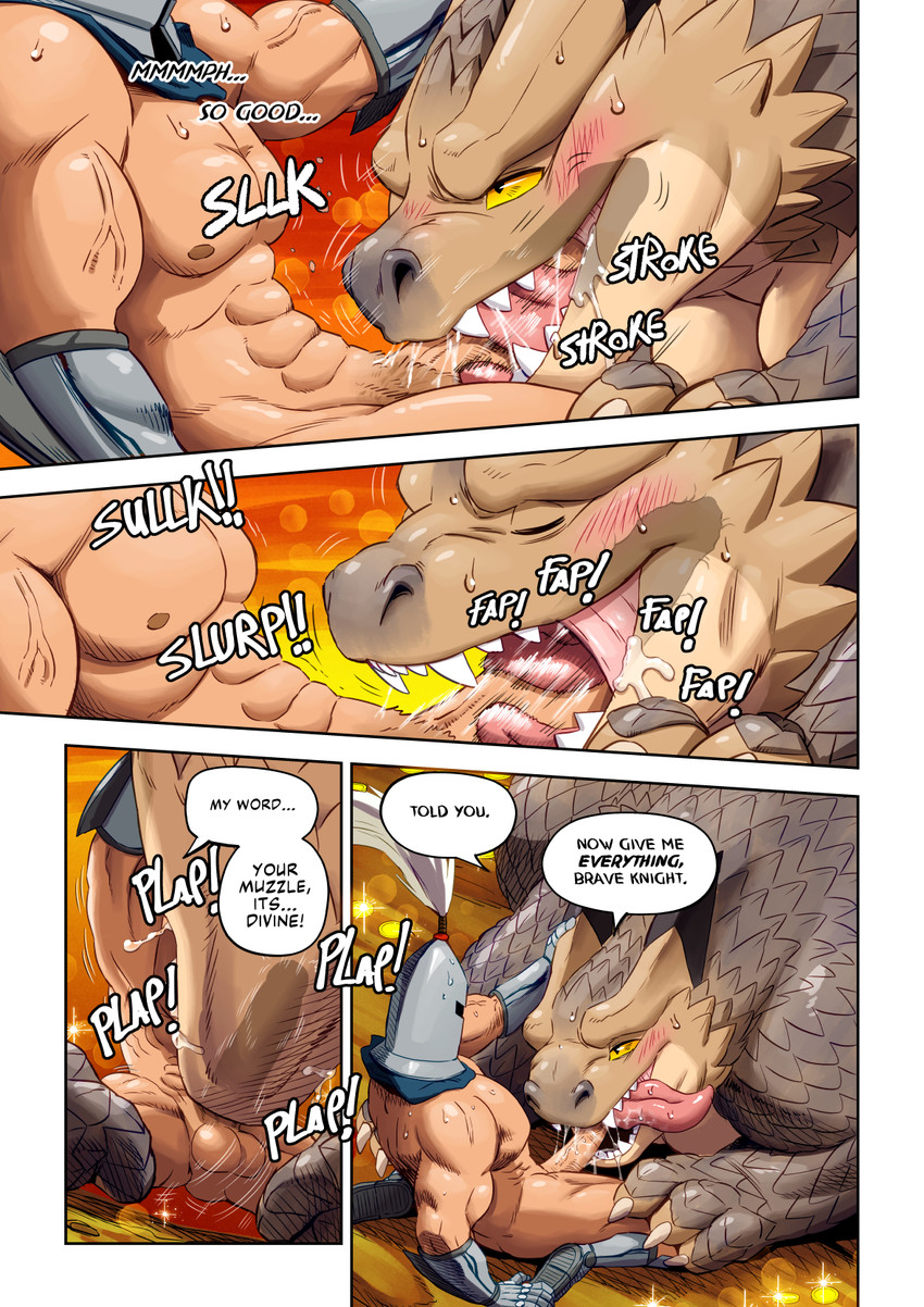 abs all_fours armor aroused aroused_face aroused_male blush blush_lines bodily_fluids boots clothing dialogue drooling duo fangs feathers fellatio feral flustered footwear gauntlets genitals gloves handwear knight knight_helmet long_tongue male male/male metal_boots metal_gloves metal_helmet muscular muscular_human muscular_male nipples oral pecs penile penis saliva saliva_on_penis saliva_string scales sex sharp_teeth shoes speech_bubble sweat sweaty_chest sweaty_face sweaty_shoulders teeth text tongue tongue_on_penis tongue_wrapped_around_penis vein veiny_arms veiny_penis warrior white_body white_feathers yellow_eyes gillpanda mythology dragon human mammal mythological_creature mythological_scalie scalie 2026 colored comic digital_media_(artwork) english_text hi_res