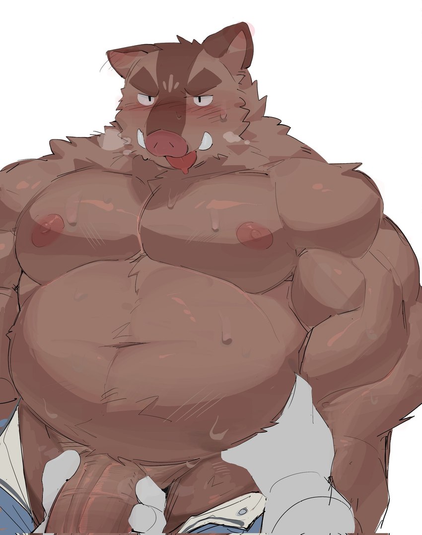 anthro belly_grab blush erection genitals kemono male musclegut muscular muscular_male nipples overweight overweight_male penis simple_background tongue tongue_out white_background lleeffff knights_college hermann_(knights_college) mammal suid suina sus_(pig) wild_boar 2024 hi_res