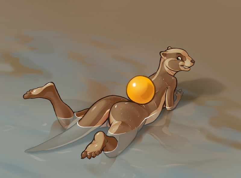 anthro ball barefoot beach biped butt casual_nudity feet female genitals grin looking_at_viewer looking_back lying nude on_front outside pussy sand seaside simple_background smile solo water wet kajari mammal mustelid otter