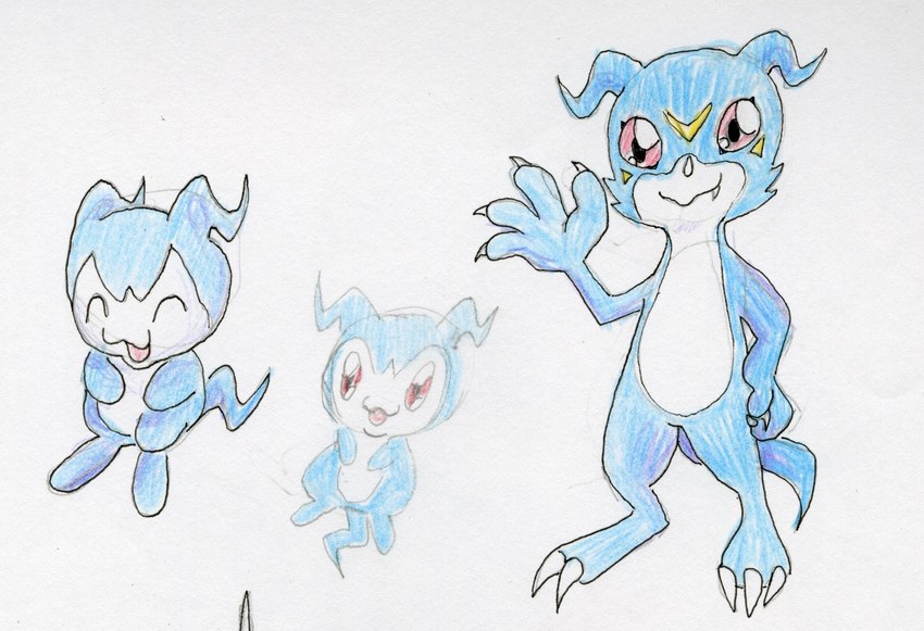 ambiguous_gender anthro claws cute_fangs eyes_closed fangs gesture group looking_at_viewer open_mouth teeth toe_claws trio waving teochronico bandai_namco digimon demiveemon digimon_(species) veemon 2021 hi_res traditional_media_(artwork)