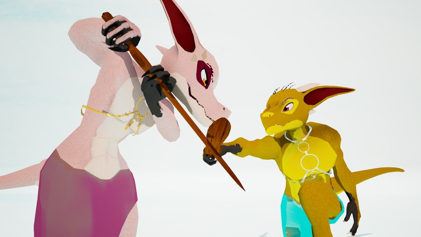 anthro claws clothed clothing duo gold_(metal) gold_jewelry harem_jewelry harem_outfit holding_object holding_weapon horn jewelry low_poly male melee_weapon simple_background sword swordfight training training_sword weapon kobold_dellarte gavit humanoid kobold reptile scalie 16:9 3d_(artwork) 4k absurd_res digital_media_(artwork) hi_res widescreen