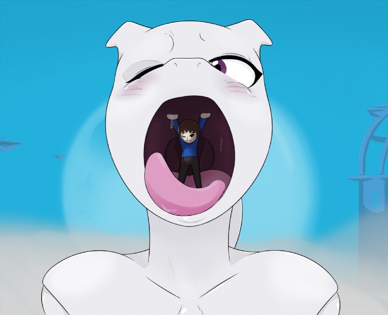 anthro blush breasts duo female macro open_mouth tongue tongue_out vore white_body white_skin angelthecatgirl nintendo pokemon super_smash_bros. fan_character psy_(angelthecatgirl) felid generation_1_pokemon legendary_pokemon mammal mewtwo mii pokemon_(species) 2015