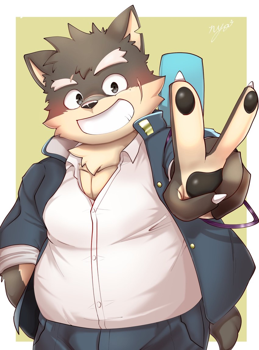 anthro blush clothing eyebrows fur gesture grey_body grey_fur grin hand_gesture male scar school_uniform slightly_chubby smile solo thick_eyebrows uniform v_sign kt22445 lifewonders tokyo_afterschool_summoners moritaka_(tas) canid canine canis domestic_dog mammal hi_res