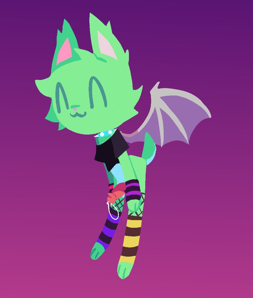 ^w^ anthro black_clothing blue_collar bodily_fluids clothed clothing collar fur genital_fluids genitals green_body green_ears green_fur green_paws green_tail hand_on_knee hand_on_leg happy head_tuft male membrane_(anatomy) membranous_wings penis pink_inner_ear pink_nose precum red_penis smile solo spiked_collar spikes tail tuft wings lottieplus mint_(niisaroz) bat hybrid lagomorph leporid mammal rabbit