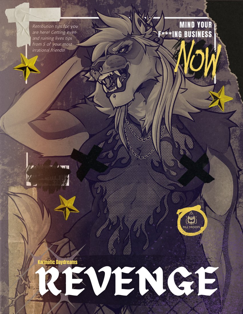 anthro female solo teeth text nu_m00n karma_(mxxnkiddo) felid lion mammal pantherine cover english_text hi_res magazine_cover restricted_palette