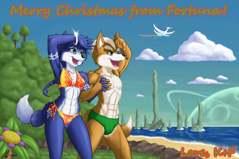 5_fingers abs anthro bare_shoulders beach bikini black_nose blue_body blue_fur blue_hair bracelet braided_hair brown_body brown_fur claws clothing cloud detailed_background duo eyebrows eyelashes fangs female finger_claws fingers flower fur grass green_clothing green_eyes green_speedo green_swimwear hair hand_holding happy holidays jewelry long_hair male markings navel open_mouth open_smile outside plant romantic romantic_couple sand seaside sky smile speedo swimwear teeth text tongue tree two-piece_swimsuit water white_body white_fur wings atticuskotch christmas nintendo star_fox fox_mccloud krystal_(star_fox) avian bird canid canine fox mammal 2015 english_text signature