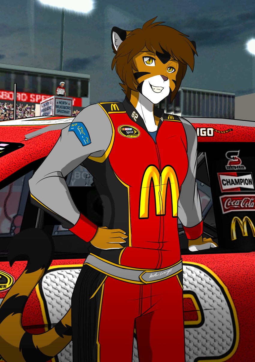 anthro brown_hair clothed clothing crowd fingers fur group hair hand_on_hip hero_pose looking_at_viewer male orange_body orange_fur race_car_driver racecar racing_suit racing_uniform smile smiling_at_viewer solo_focus stripes tail yellow_eyes jacobc62 sagestrike2 mcdonald's nascar jacob_craigo bengal_tiger felid mammal pantherine tiger 2016 absurd_res digital_drawing_(artwork) digital_media_(artwork) hi_res story story_in_description