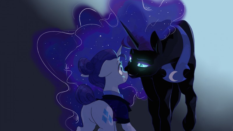 alternate_hairstyle blue_eyes butt clothed clothing cutie_mark duo eye_contact featureless_crotch female feral frown glowing glowing_eyes hair horn looking_at_another pupils raised_tail rear_view slit_pupils smile tail kianamai friendship_is_magic hasbro my_little_pony mythology nightmare_moon_(mlp) rarity_(mlp) equid equine mammal mythological_creature mythological_equine unicorn 16:9 2016 hi_res wallpaper widescreen