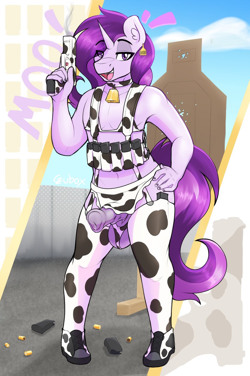 ammo_belt animal_genitalia animal_penis animal_print anthro balls barcode bodily_fluids chest_rig clothing collar cow_print cowbell ear_piercing ear_tag equine_genitalia equine_penis footwear genital_fluids genitals gun gun_smoke hair hand_on_hip horn legwear magazine_(gun) male medial_ring panties penis piercing pink_body precum purple_eyes purple_hair ranged_weapon shell_casings shoes smoke solo stockings target target_practice underwear weapon czu hasbro my_little_pony mythology czupone fan_character equid equine mammal mythological_creature mythological_equine unicorn absurd_res hi_res