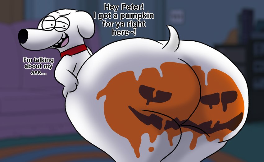 anthro bent_over big_butt butt collar dialogue fur hand_on_hip holidays huge_butt inside jack-o'-lantern looking_back male narrowed_eyes open_mouth pumpkin_butt solo squint teeth text tongue toony white_body white_fur cornynoodles deltaflame third-party_edit family_guy halloween brian_griffin canid canine canis domestic_dog mammal english_text hi_res