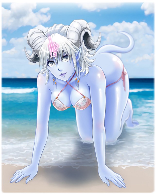 5_fingers all_fours beach bikini blue_sky breasts clothed clothing cloud eyebrow_through_hair eyebrows eyelashes female fingers front_view glistening glistening_body glistening_skin grey_eyes grey_hair hair hanging_breasts hooves horn humanoid_pointy_ears lips looking_at_viewer nipple_outline not_furry pointy_ears purple_body purple_lips purple_skin sea seaside skimpy sky solo string_bikini swimwear tail translucent translucent_hair two-piece_swimsuit water menhou blizzard_entertainment warcraft yrel draenei horned_humanoid humanoid tailed_humanoid full-length_portrait hi_res portrait