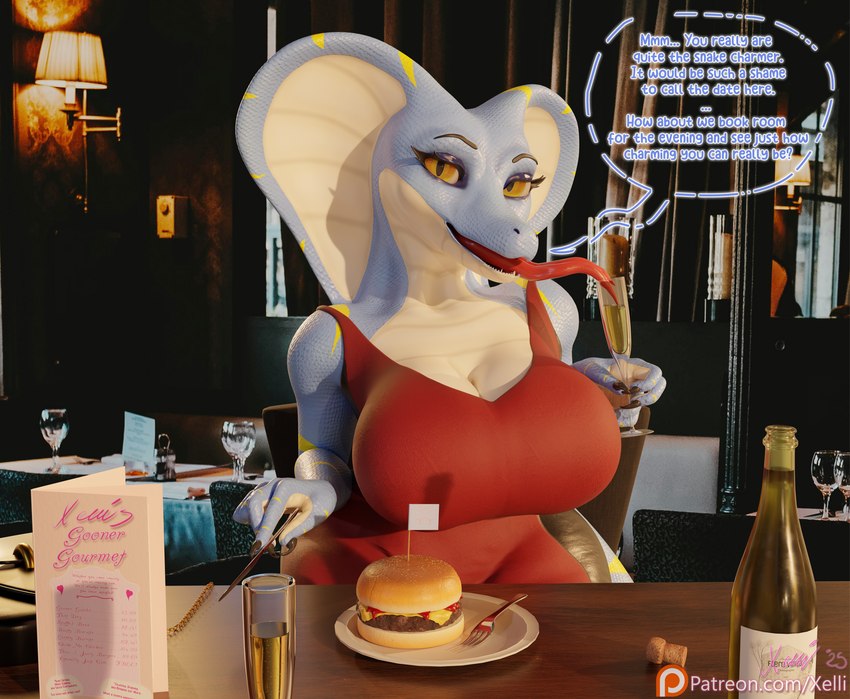 alcohol anthro beverage big_breasts blue_body breasts claws comic_panel container cup curvy_figure dialogue drinking drinking_glass eating female flirting flirting_with_viewer glass glass_container glass_cup hourglass_figure huge_breasts inside licking looking_at_viewer markings multicolored_body multicolored_scales restaurant scales solo striped_body striped_markings striped_tail stripes tail tail_markings thick_thighs toe_claws tongue ventral_scales wide_hips wine wine_bottle wine_glass yellow_eyes xelli blender_cycles szarla_(xelli) cobra lizard reptile scalie snake 3d_(artwork) blender_(artwork) comic digital_media_(artwork) hi_res