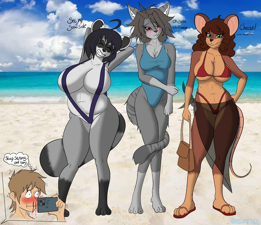 anime_nosebleed anthro beach belly big_breasts bikini blood blue_clothing bodily_fluids breasts brown_body brown_eyes brown_fur cellphone clothed clothing curvy_figure electronics female fur green_eyes grey_body grey_fur grey_stripes group group_photo male nosebleed one-piece_swimsuit outside phone photo_background purple_clothing red_clothing sand seaside sky slightly_chubby slightly_chubby_female slim sling_bikini smartphone smile stripes swimwear taking_picture thick_thighs two-piece_swimsuit voluptuous water wide_hips vexxyvex mice_tea felicia_banks gavin_van_der_valk julie_lin margaret_de_campos felid feline human mammal mouse murid murine procyonid raccoon rodent hi_res photography_(artwork) trans_(lore) trans_woman_(lore)