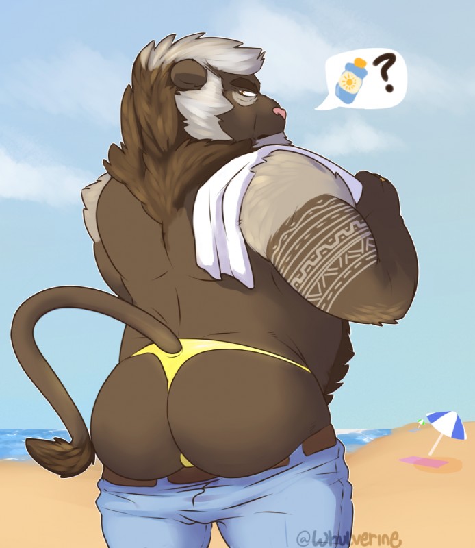 anthro beach belt body_hair bottle bottomwear bottomwear_down brown_body brown_fur butt clothed clothing container denim denim_bottomwear denim_clothing detailed_background eyebrows fur furgonomics grey_hair hair half-closed_eyes happy_trail holding_object jeans looking_back male mane mature_anthro mature_male muscular muscular_anthro muscular_male narrowed_eyes outside pants pants_down partially_clothed pink_nose presenting question_mark sand seaside sky solo speedo sunscreen swimwear tattoo topless towel towel_on_shoulder umbrella water wrinkles rine felid mammal 2017 signature