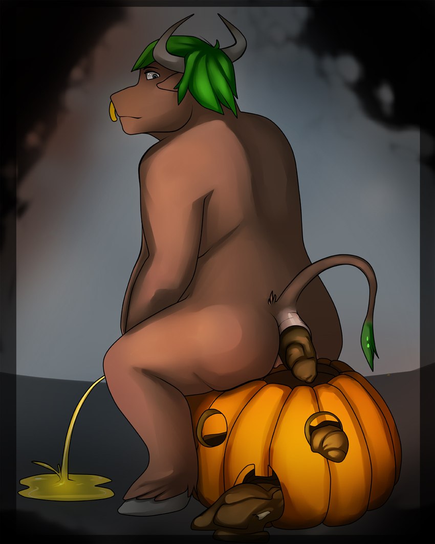 after_vore anthro anthro_pred anus belly bodily_fluids bone bones_in_feces brown_body brown_feces brown_fur crouching death disposal facial_piercing fatal_vore feces feces_pile food fruit fur genital_fluids green_eyes green_tail_tuft grey_back holidays horn jack-o'-lantern looking_back male nose_piercing nose_ring nude nude_pred peeing peeing_on_ground piercing pink_anus plant pooping_in_pumpkin puffy_anus pumpkin raised_tail rear_view ring_piercing sitting solo tail tail_tuft tuft urine urine_on_ground vore stufferzz halloween marcus_(stufferzz) bovid bovine cattle mammal 4:5 colored hi_res