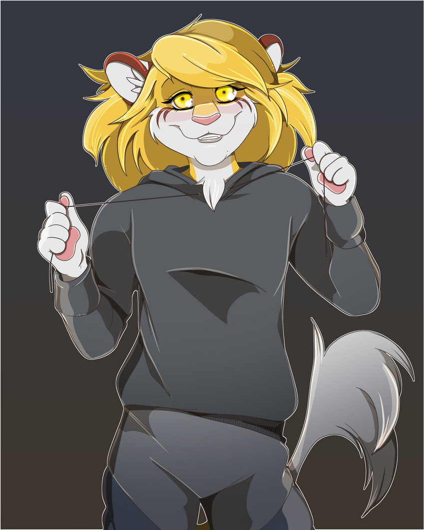 ambiguous_gender anthro bottomwear clothing fur hoodie pants solo topwear white_body white_fur yellow_body yellow_eyes yellow_fur coffinberry tass_(tassy) felid hybrid liger lion mammal pantherine 4:5 absurd_res digital_media_(artwork) hi_res