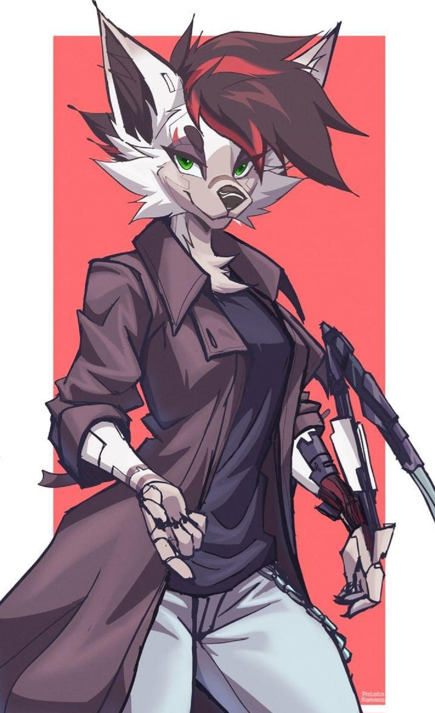 anthro bottomwear chain clothing cybernetics denim denim_bottomwear denim_clothing female fur hair jacket jeans leather leather_clothing leather_jacket leather_topwear machine mantis_blade pants red_hair shirt simple_background solo topwear white_body white_fur wire potatokamaos cd_projekt_red cyberpunk_2077 vixineferin_(rebel_vix) hi_res