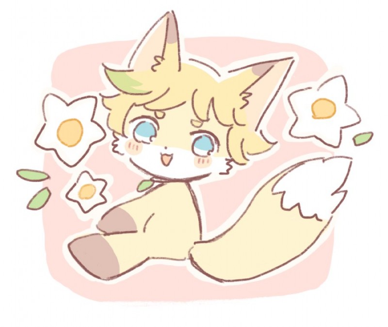 anthro blue_eyes blush flower fur male pink_background plant simple_background smile solo white_background yellow_body yellow_fur buke3jp ensemble_stars canid canine fox mammal