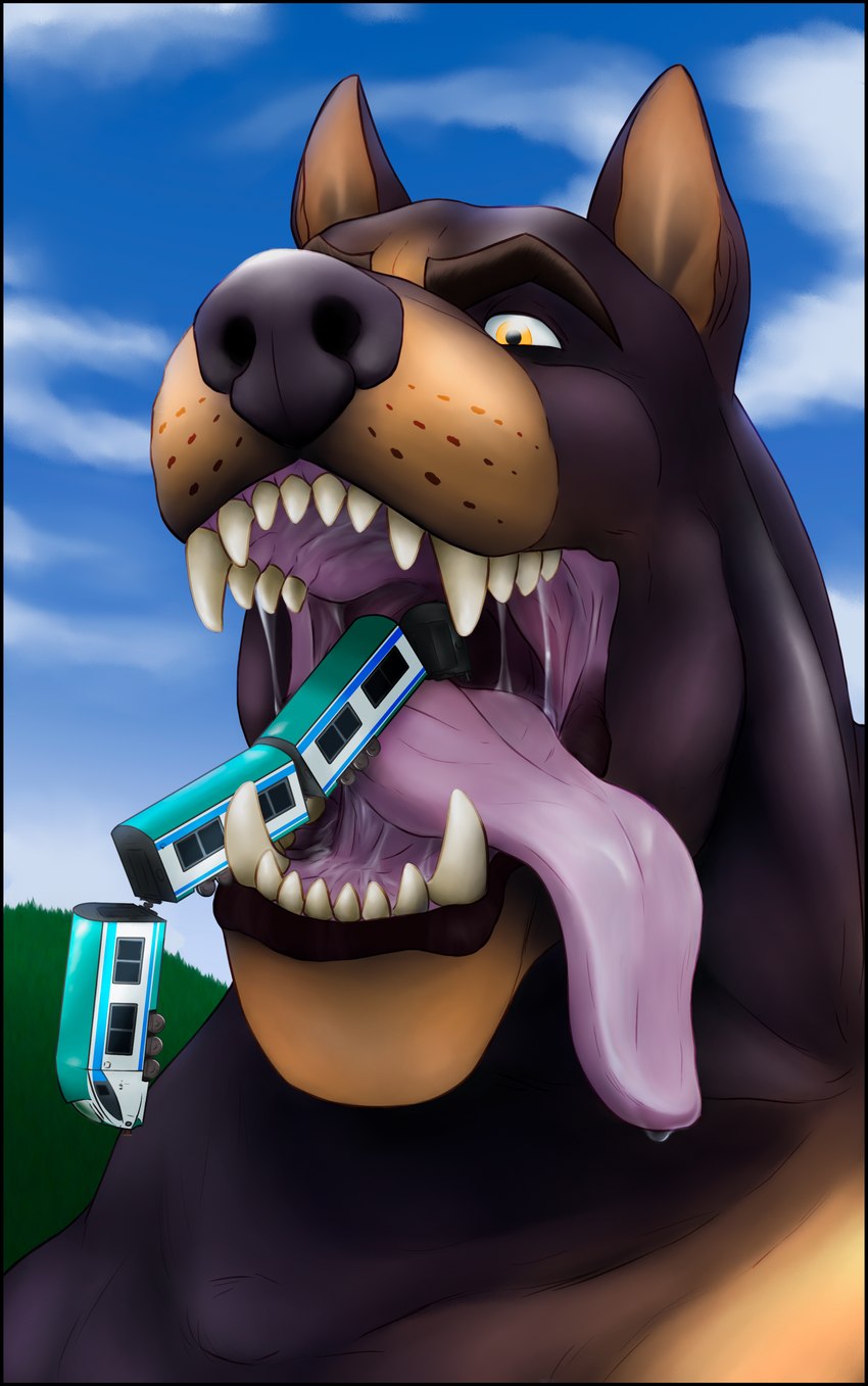 anthro anthro_pred black_border black_nose bodily_fluids border macro male male_pred open_mouth saliva saliva_string simple_background size_difference solo teeth train vehicle vore gfhs canid canine canis dobermann domestic_dog mammal pinscher absurd_res hi_res