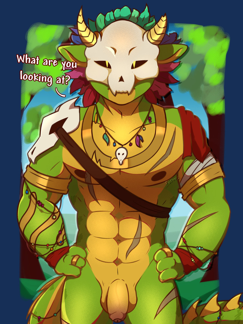 abdominal_scar abs accessory anthro arm_accessory arm_scar armband balls bandage bandaged_arm barazoku bone bone_mask bottomwear bracelet brown_nipples chest_scar clothed clothing dialogue feathers flaccid foreskin furgonomics genitals glans gold_(metal) gold_armband gold_jewelry gold_necklace gold_ring gradient_penis green_body green_ears green_scales green_tail hands_on_hips horn jewelry leg_scar loincloth looking_at_viewer male mask multicolored_body multicolored_feathers muscular muscular_anthro muscular_male nature nature_background necklace nipples outside partially_clothed pecs penis plant red_bottomwear red_clothing red_glans red_loincloth red_penis ring scales scar shoulder_strap skull skull_accessory skull_mask skull_necklace sky solo spiked_tail spikes spikes_(anatomy) standing tail tail_accessory talking_to_viewer text tree tribal tribal_clothing unretracted_foreskin vein veiny_penis waistband yellow_body yellow_eyes yellow_horn yellow_penis yellow_scales yellow_tail arvo_(artist) terraria witch_doctor_(terraria) lihzahrd lizard reptile scalie 2026 3:4 alpha_channel half-length_portrait hi_res portrait