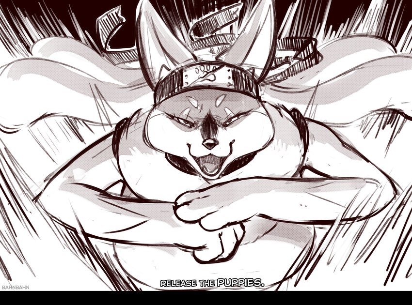 accessory anthro dialogue eyebrows female fingers forehead_protector headband looking_at_viewer narrowed_eyes naruto_headband open_mouth solo text bahnbahn naruto nintendo pokemon doggette_(bahnbahn) canid canine canis domestic_dog generation_4_pokemon hybrid lucario mammal pokemon_(species) shiba_inu spitz absurd_res artist_name english_text greyscale hi_res monochrome sketch