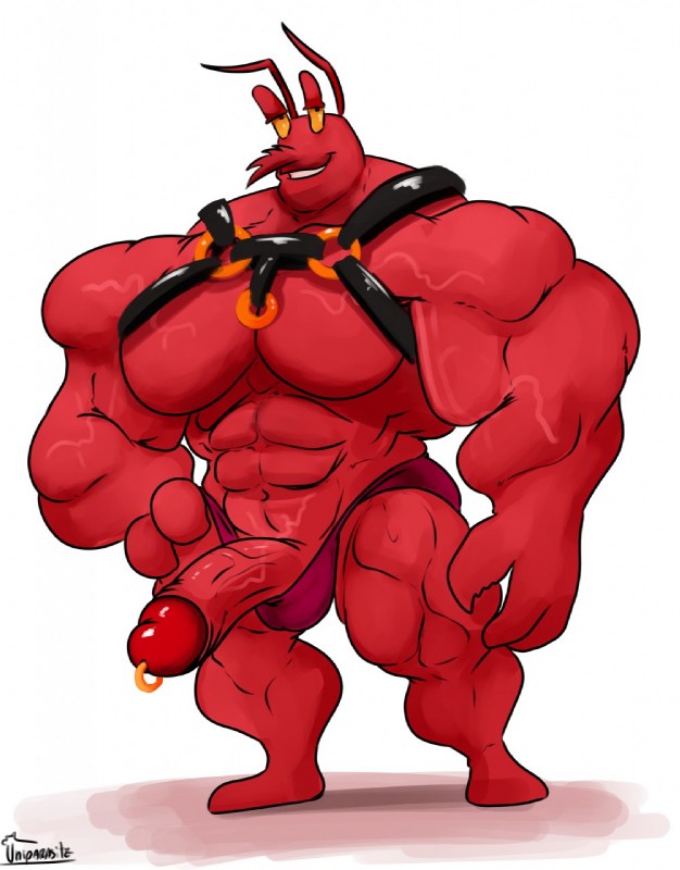 anthro big_muscles big_pecs genital_piercing genitals harness humanoid_genitalia humanoid_penis male muscular muscular_anthro muscular_male pecs penis penis_piercing piercing solo vein veiny_penis uniparasite nickelodeon spongebob_squarepants larry_the_lobster arthropod crustacean decapoda lobster malacostracan marine hi_res