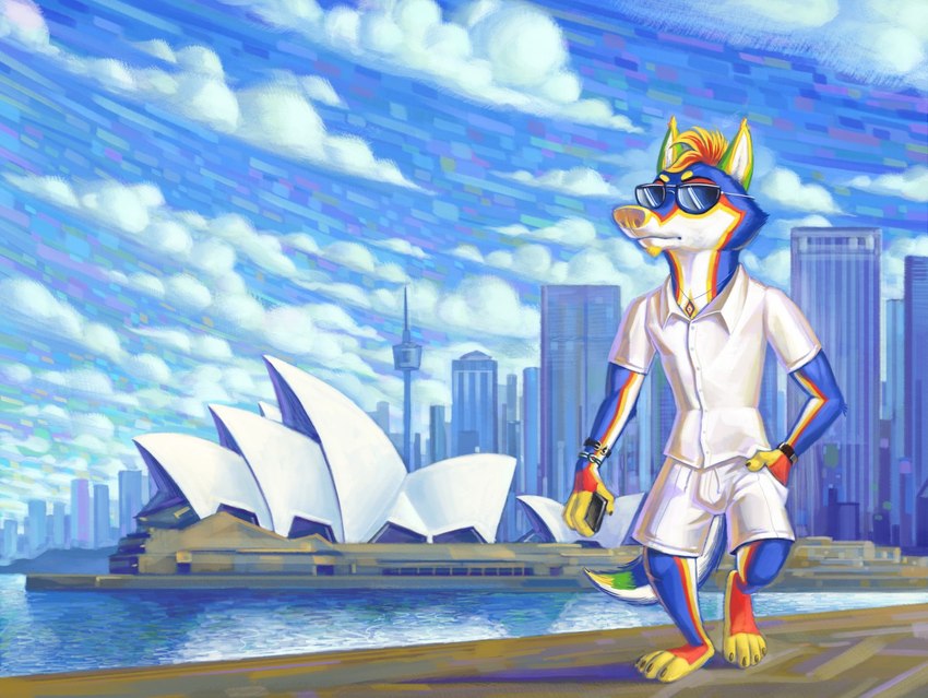 4_toes anthro australia australian barefoot blue_body blue_fur bottomwear bracelet building chain city city_background cityscape claws clothed clothing cloud day electronics eyewear facial_hair feet fur goatee hand_in_pocket jewelry landmark male mohawk multicolored_body multicolored_fur necklace opera_house outside phone plantigrade pockets red_body red_fur sea shirt shorts sky skyscraper solo sunglasses sydney_opera_house toes topwear water white_body white_bottomwear white_clothing white_fur white_shirt white_shorts white_topwear yellow_body yellow_fur nikraccoom canid canine canis mammal wolf 2018