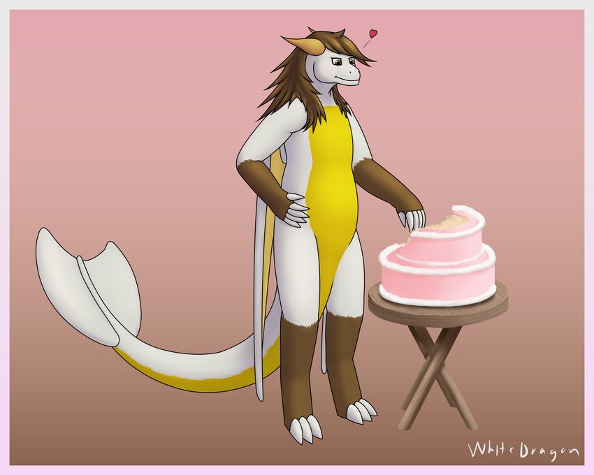 2_horns anthro bloated blush blush_lines brown_body brown_fur brown_hair cake claws dessert digitigrade eating eating_food female fin food fur furniture hair hand_on_belly heart_symbol horn membrane_(anatomy) membranous_wings overweight overweight_female simple_background solo standing stuffing table tail tail_fin white_body white_claws white_fur wings white-dragon mythology dragon furred_dragon furred_scalie mythological_creature mythological_scalie scalie 2024 5:4 hi_res shaded signature soft_shading