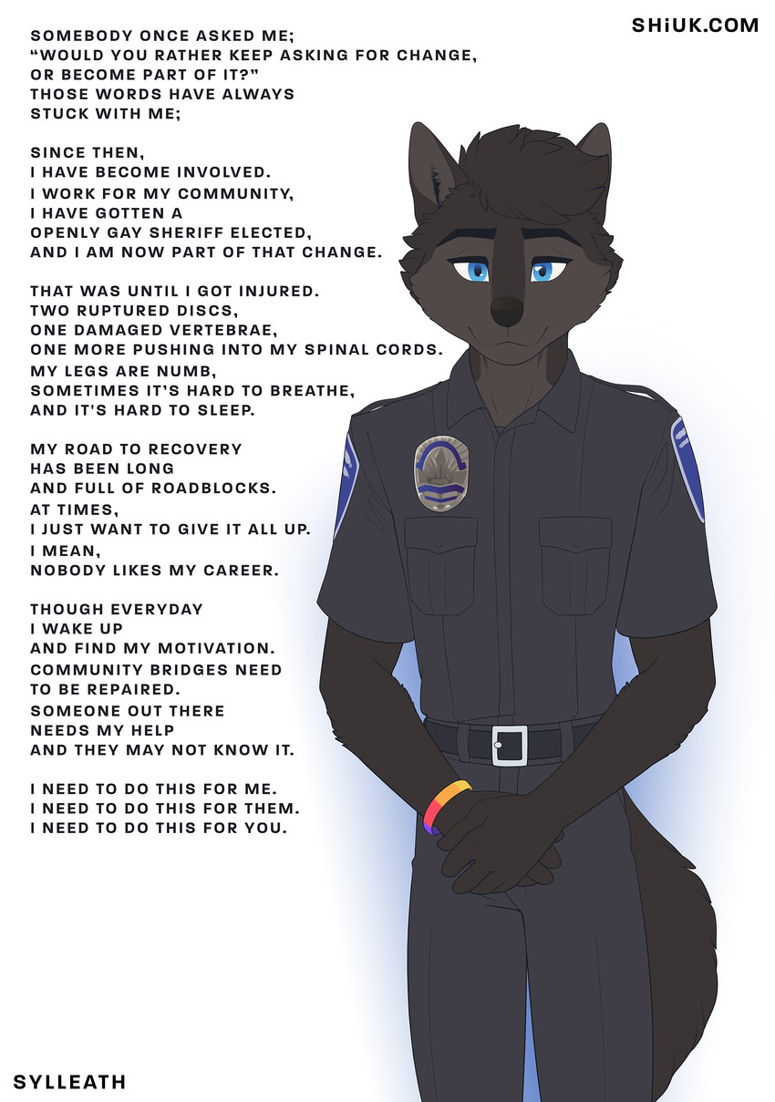 anthro belt black_body black_ears black_fur black_nose black_text blue_eyes bottomwear clothed clothing front_view fully_clothed fur fur_tuft iris male pupils solo text topwear tuft shiuk sylleath canid canine canis mammal wolf 2020 absurd_res english_text hi_res url