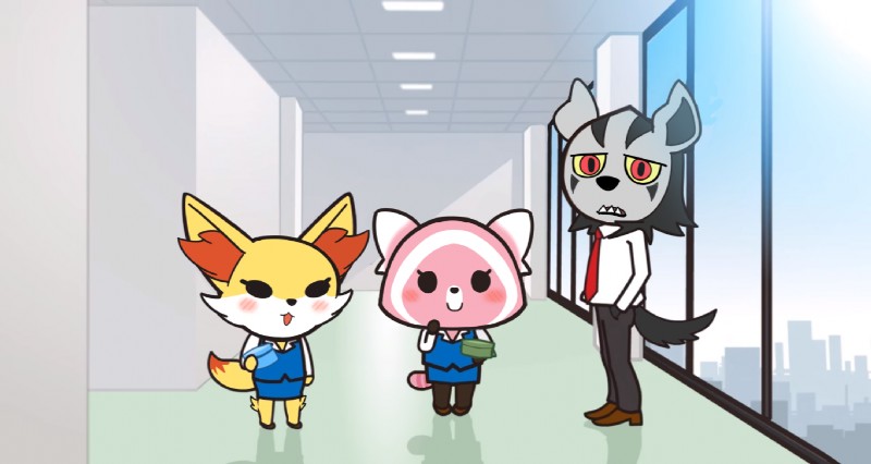 alternate_species anthro anthrofied black_body black_fur blush clothed clothing electronics eyelashes female fur group looking_at_viewer male necktie parody phone pink_body pink_fur simple_background smile yellow_body yellow_fur daily-incineroar aggretsuko nintendo pokemon sanrio fenneko haida_(aggretsuko) retsuko ailurid canid canine fennekin generation_3_pokemon generation_6_pokemon generation_7_pokemon mammal mightyena pokemon_(species) stufful crossover