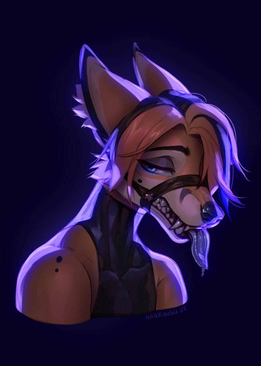 anthro bdsm black_nose bodily_fluids bondage bound clothing hair halti male max-sutari simple_background solo teeth tongue tongue_out hauringu zan canid canine fox mammal hi_res shaded