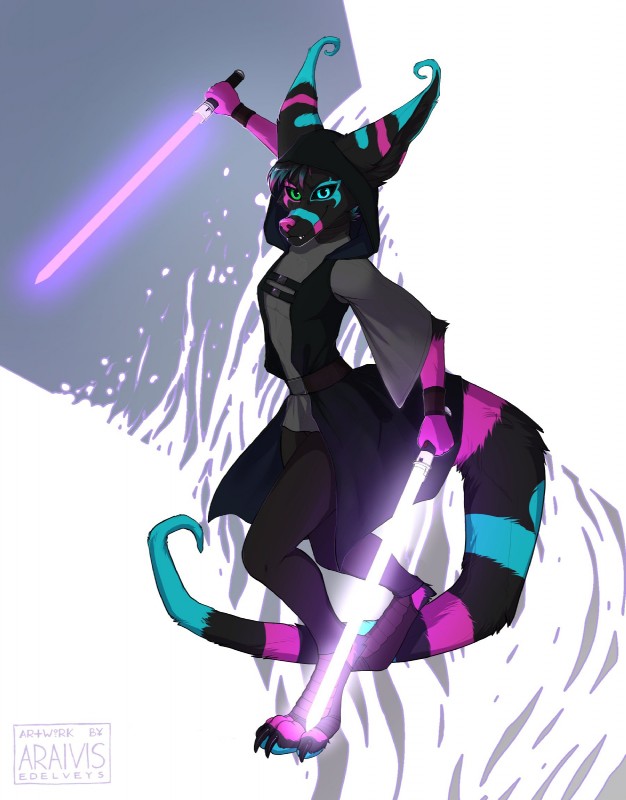 4_toes 5_fingers anthro black_body black_fur black_hair blue_eyes clothed clothing digitigrade dual_wielding feet female fighting_pose fingers fur green_eyes hair heterochromia holding_object holding_weapon lightsaber melee_weapon pink_lightsaber pose purple_lightsaber purple_nose solo toes weapon araivis-edelveys star_wars ambiguous_species mammal 2019 digital_media_(artwork) hi_res