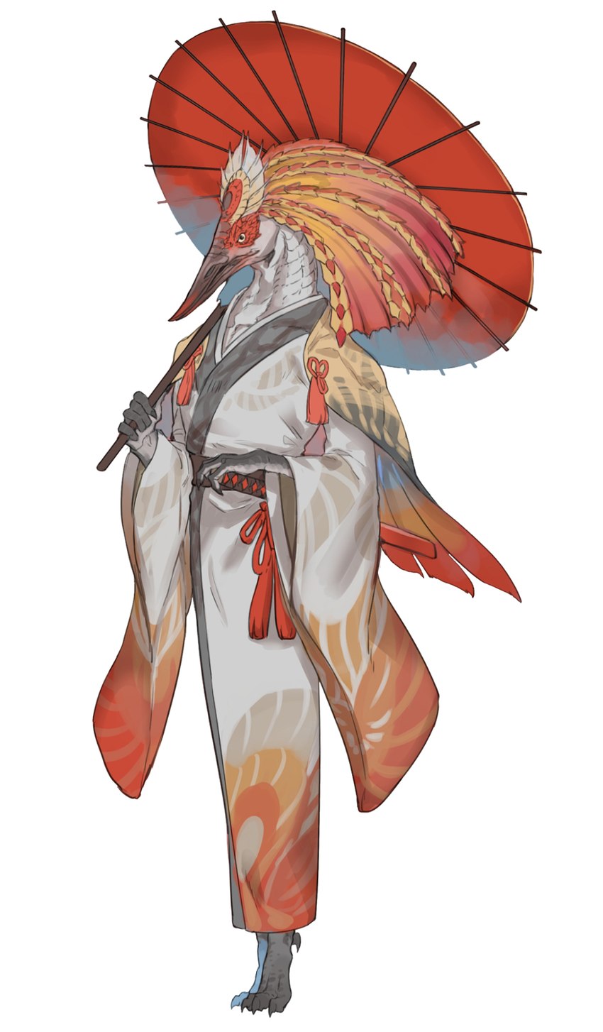 anthro claws clothing digitigrade feathers long_beak looking_at_viewer male parasol scales simple_background solo toe_claws 3mohu capcom monster_hunter aknosom avian bird gruiform 2022 hi_res