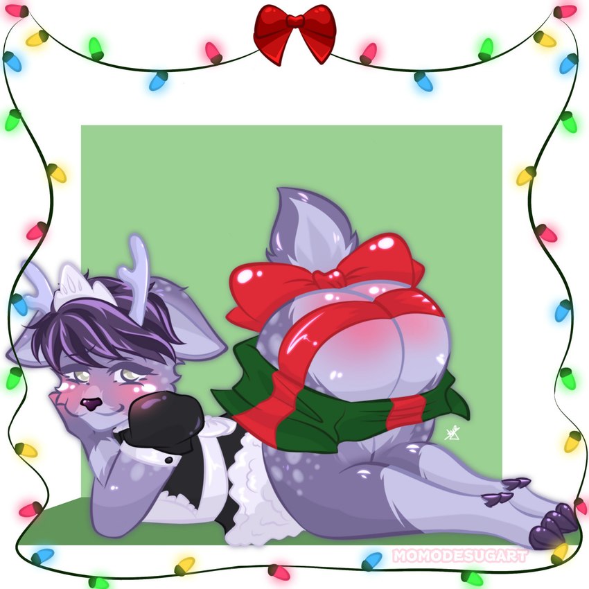 accessory anthro antlers ass_up blush bow_(decoration) bow_(feature) bow_accessory bow_ribbon bubble_butt butt chibi christmas_decorations christmas_lights clothing decoration fur furgonomics gift_wrapped hair holidays horn leg_markings looking_at_viewer maid_uniform male markings purple_body purple_fur purple_hair ribbons simple_background socks_(marking) spots spotted_markings string_lights tail tail_accessory tail_bow tail_ribbon uniform momodesugart christmas deer mammal 1:1 hi_res