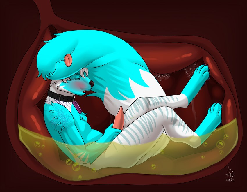 anthro blush bodily_fluids detailed_internal digestion duo female fully_inside inside_stomach internal male solo stomach_acid tail tail_mouth unseen_pred unusual_anatomy unusual_tail vore larry_canon mythology canid canine canis dragon hybrid mammal mythological_creature mythological_scalie scalie wolf hi_res