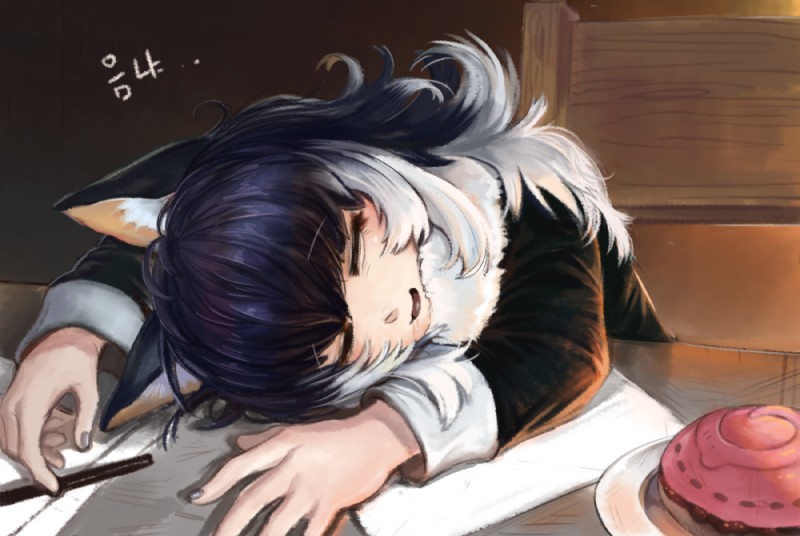 ambiguous_gender blue_hair bodily_fluids chair clothed clothing drooling eyelashes eyes_closed food furniture hair japari_bun open_mouth paper pencil_(object) plate saliva sleeping solo white_hair young dokomon kemono_friends grey_wolf_(kemono_friends) animal_humanoid canid canid_humanoid canine canine_humanoid humanoid mammal mammal_humanoid wolf_humanoid