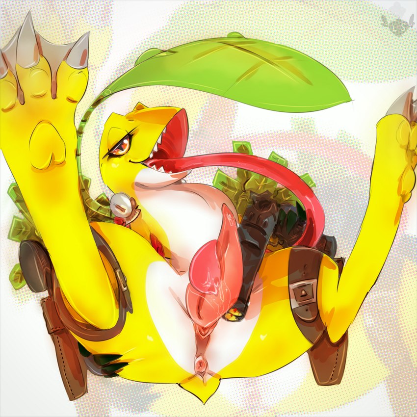 anthro anus bedroom_eyes cloacal_penis erection genitals holster holstered_pistol long_tongue male narrowed_eyes penis seductive solo spread_legs spreading thigh_holster tongue yellow_body lovespell bandai_namco digimon amphibian frog frogmon 1:1 hi_res