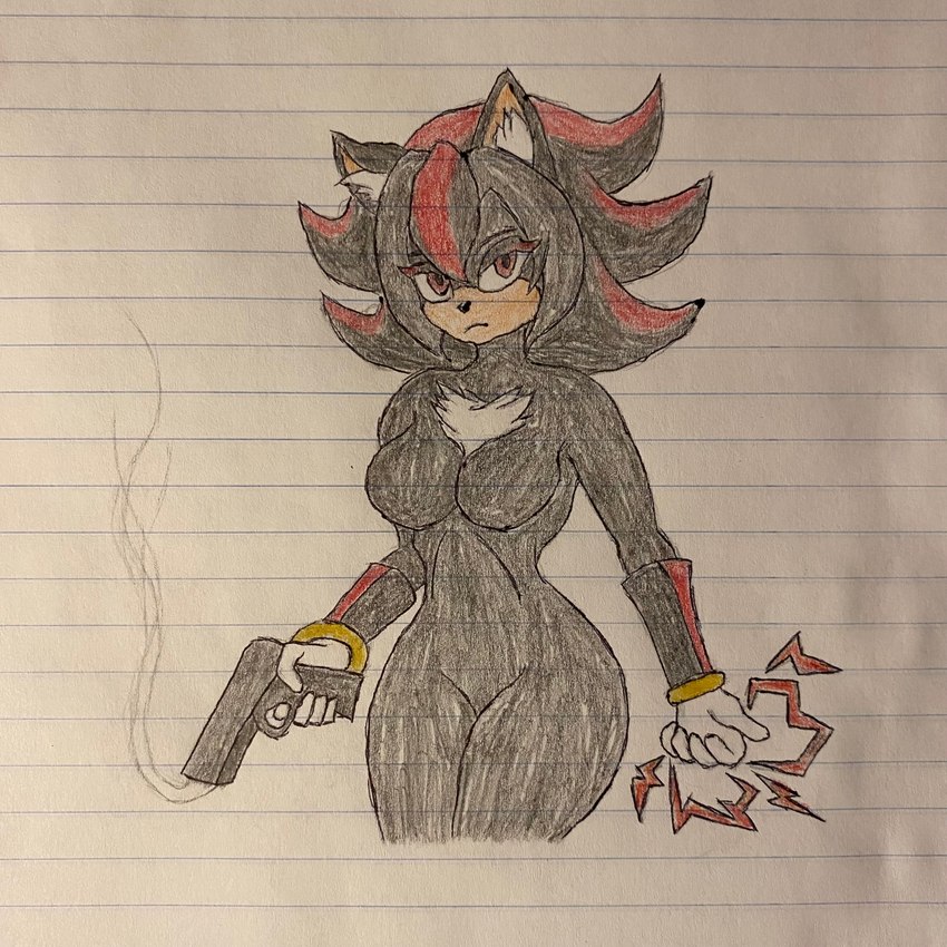 anthro black_body black_fur breasts clothing crossgender female fur gloves gun handwear highlights_(coloring) ranged_weapon red_eyes red_highlights solo thick_thighs weapon anonymous_artist sega sonic_the_hedgehog_(series) shadow_the_hedgehog eulipotyphlan hedgehog mammal 1:1 2025 absurd_res hi_res sketch traditional_media_(artwork)