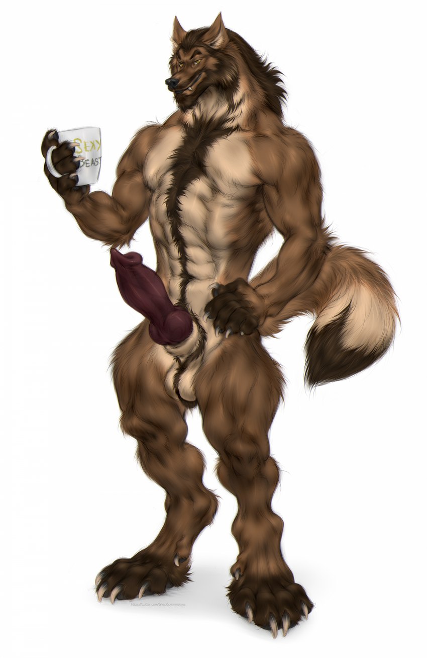 abs animal_genitalia animal_penis anthro ball_tuft ballhawk balls beard biceps big_penis biped black_nose brown_body brown_fur brown_hair canine_genitalia canine_penis chest_fur container cup digitigrade erection eyebrows facial_hair fur genitals hair holding_container holding_cup holding_mug holding_object knot looking_at_viewer male mug muscular muscular_anthro muscular_male muscular_thighs mustache pecs penis pubes quads simple_background smile solo standing tail tan_body tan_fur thick_thighs tuft white_background shepherdart mythology mikael_(a-nova) canid canine mammal mythological_canine mythological_creature werecanid werecanine werecreature werewolf 2020 digital_media_(artwork) hi_res