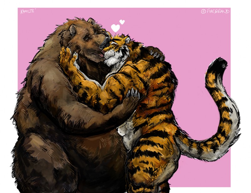 5_fingers anthro belly big_belly border brown_body brown_fur claws duo fingers fur half-closed_eyes heart_symbol hug kissing male male/male muscular muscular_arms muscular_male narrowed_eyes nude obese obese_male orange_body orange_fur overweight overweight_male pink_background raised_tail relationship simple_background size_difference smile standing striped_body striped_fur stripes tail tongue white_border yellow_eyes aokamidu bear felid mammal pantherine tiger 2018 digital_drawing_(artwork) digital_media_(artwork) signature