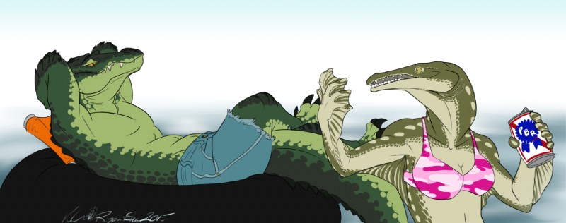 alcohol anthro beverage bikini breasts clothed clothing duo female hands_behind_head male non-mammal_breasts open_mouth outside sharp_teeth smile swimwear teeth two-piece_swimsuit regentshaw alligator alligator_gar alligatorid crocodilian fish gar_(fish) marine reptile scalie hi_res