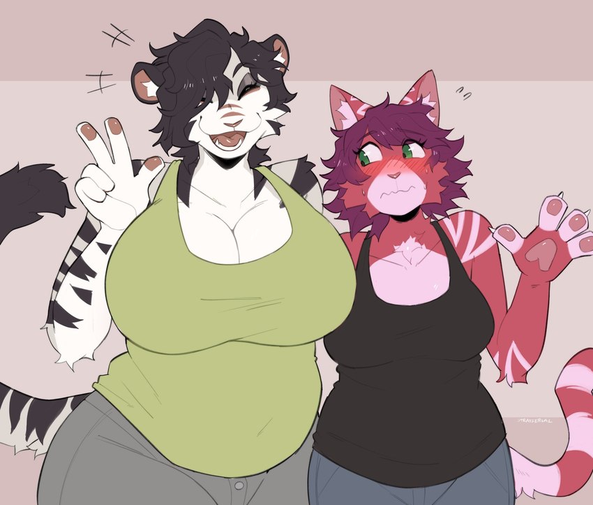 anthro belly big_breasts blush breast_envy breast_size_difference breasts cleavage clothed clothing curvy_figure duo embarrassed eyes_closed female female/female huge_breasts larger_female open_mouth overweight overweight_female pink_nose shirt size_difference smaller_female smile tank_top thick_thighs topwear voluptuous wide_hips strayserval ember_(cat) yiri_(milkand) felid feline mammal pantherine tiger 2022 digital_media_(artwork) hi_res